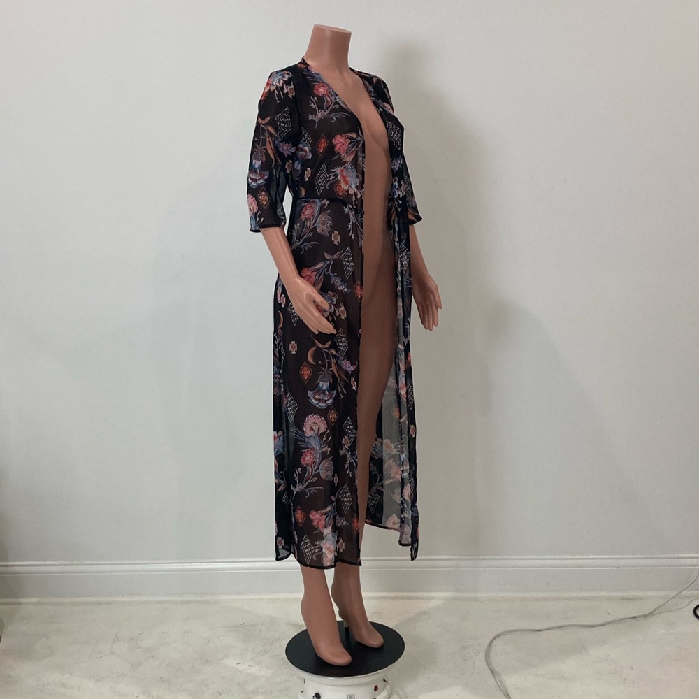 LOVE FIRE 💕 Long Black Floral Duster 3/4 Sleeve Small Petite